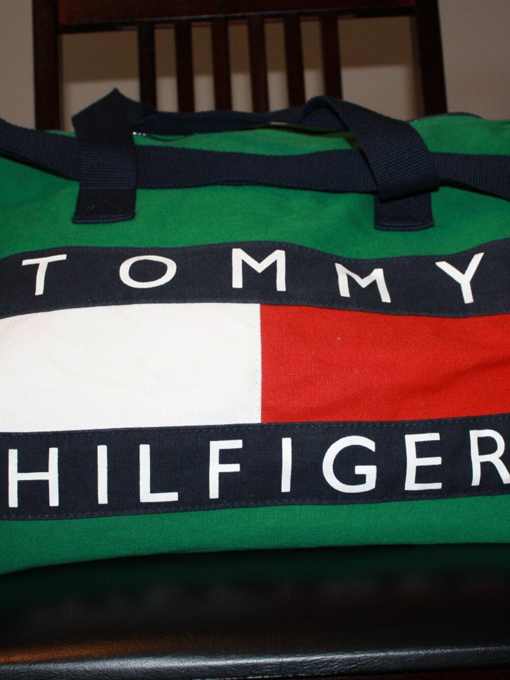 Tommy Hilfiger, Barrel Style gym tote. Green, red, white and blue